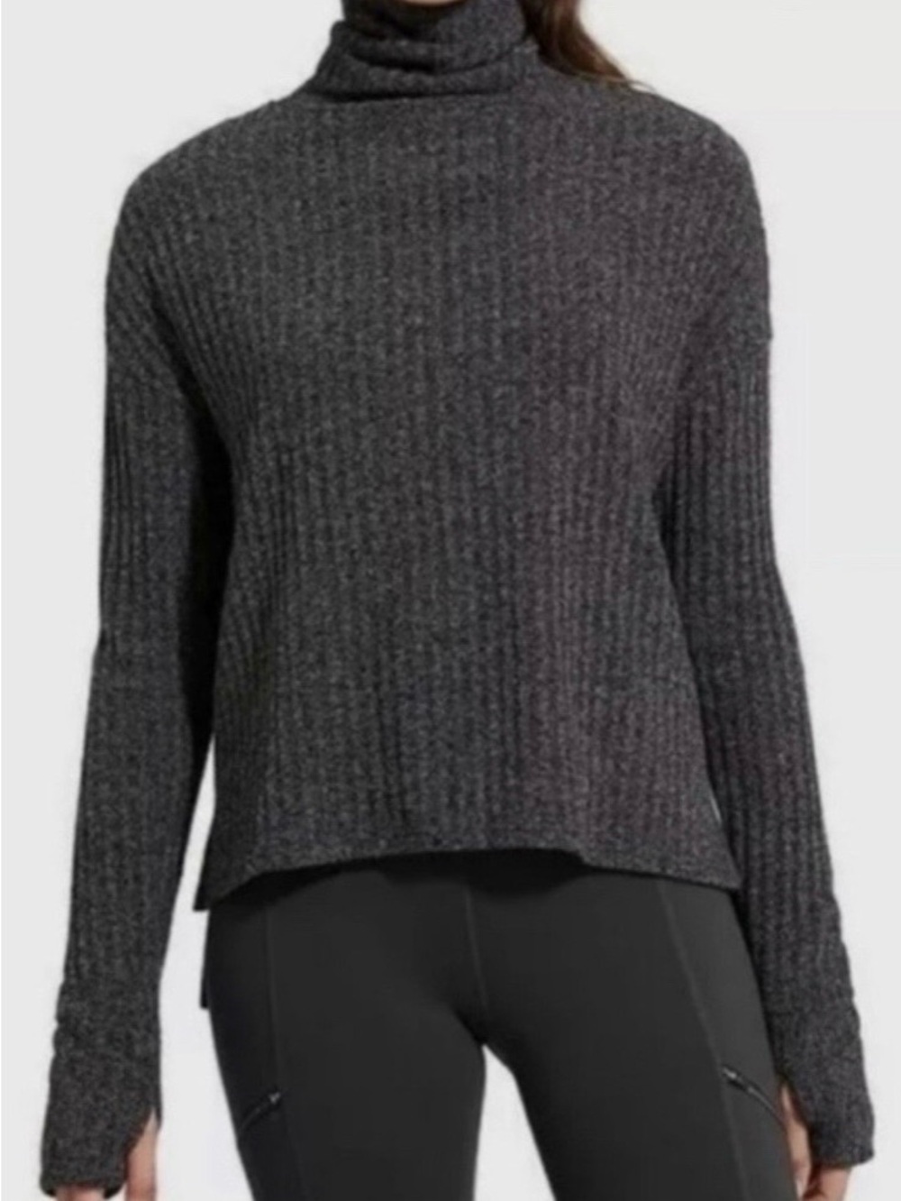 Athleta Transit Dark Gray Thumbhole Ribbed Knit Turtleneck Sweater Women’s S